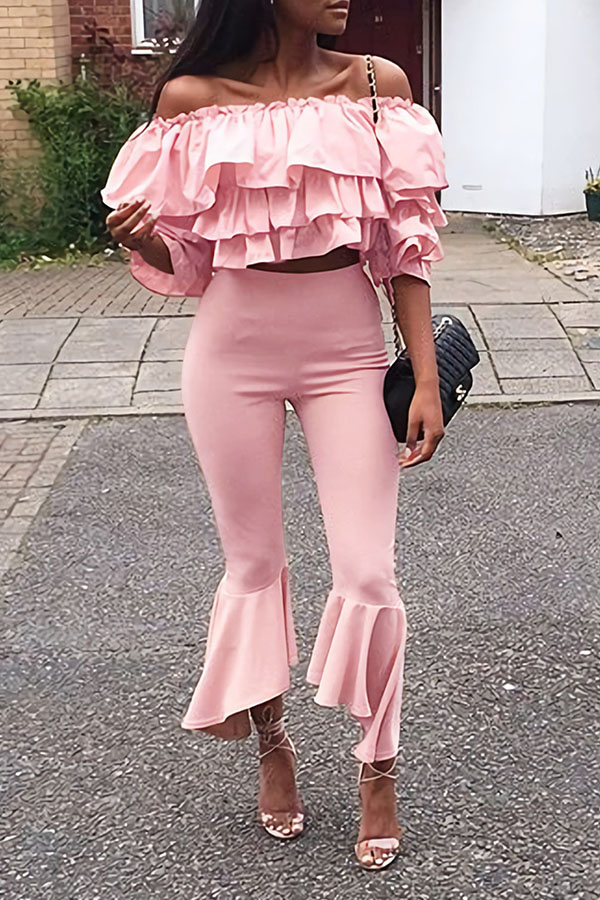

Lovely Casual Flounce Design Pink Two-piece Pants Set