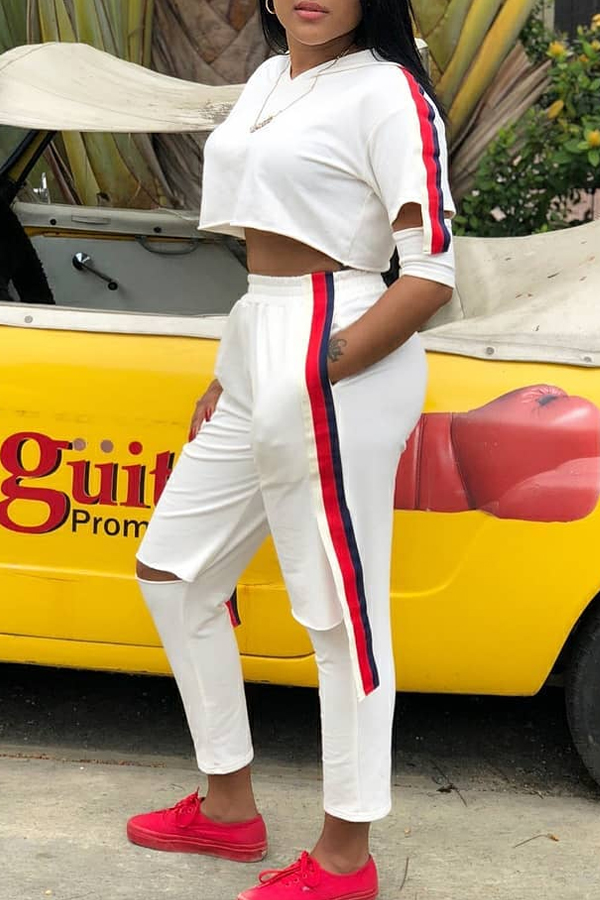 

Lovely Casual Patchwork White Two-piece Pants Set