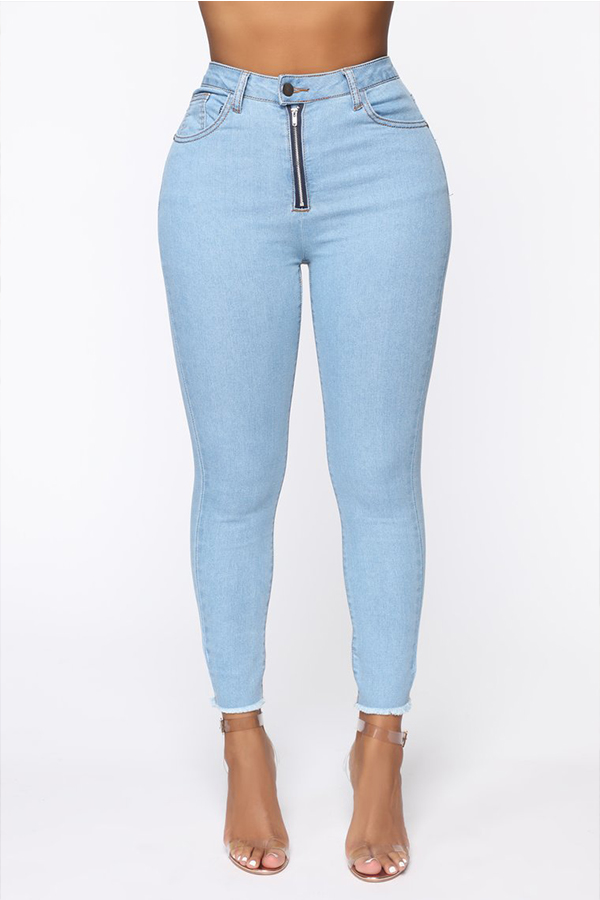 

Lovely Chic Zipper Design Skinny Baby Blue Jeans