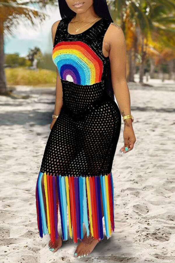 

Lovely Patchwork Tassel Black Beach Dress