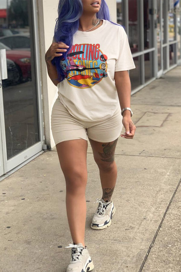 Lovely Chic Print Khaki Two-piece Shorts Set