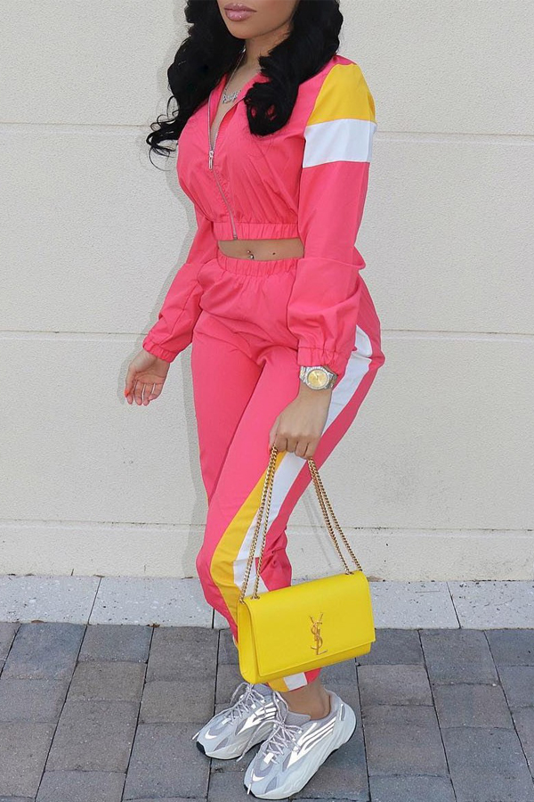 

Lovely Casual Patchwork Pink Two-piece Pants Set