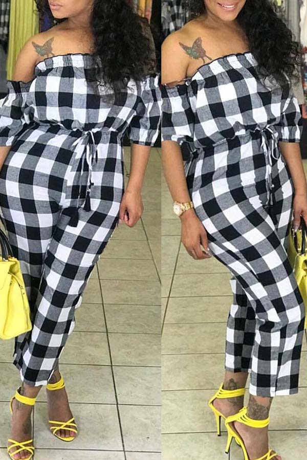 

Lovely Casual Plaid Print Black And White One-piece Jumpsuit, Black & white tartan