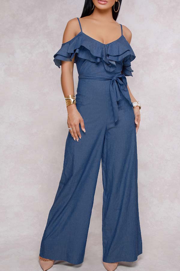 

Lovely Leisure Flounce Design Blue One-piece Jumpsuit