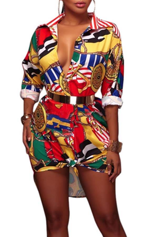 

Lovely Chic V Neck Print Multicolor Mini Shirt Dress, Multi