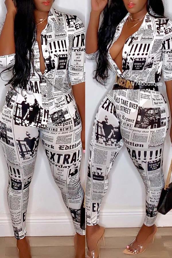 

Lovely Casual Print White Plus Size Two-piece Pants Set