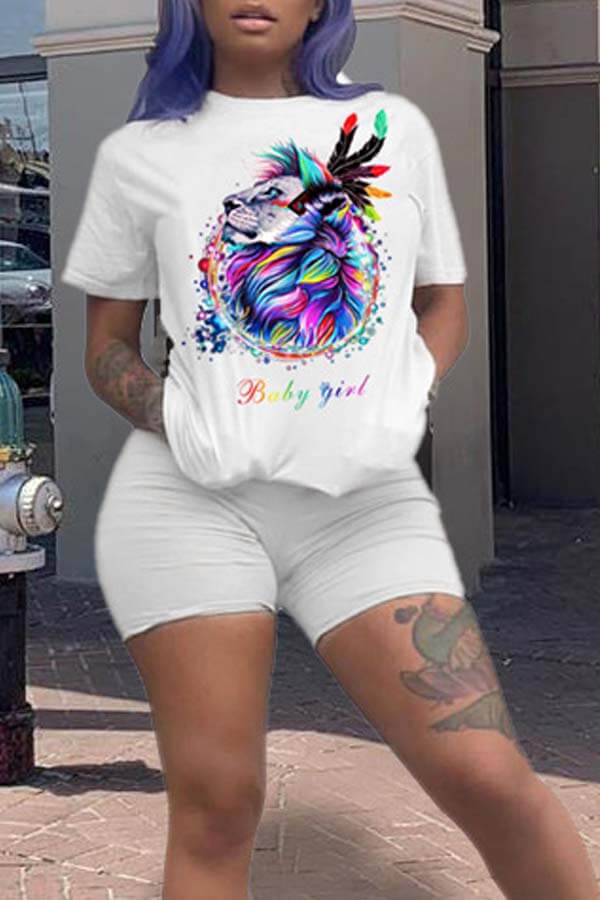 

Lovely Casual Print White Two-piece Shorts Set