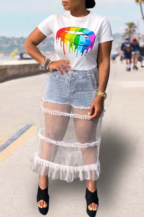 

Lovely Casual Print See-through White Blouse
