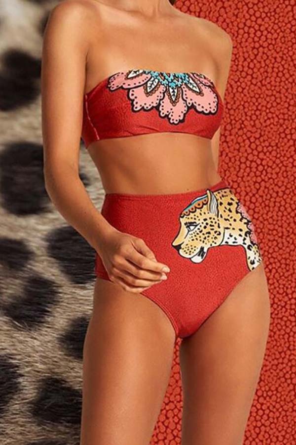

Lovely Dew Shoulder Print Red Two-piece Swimwear