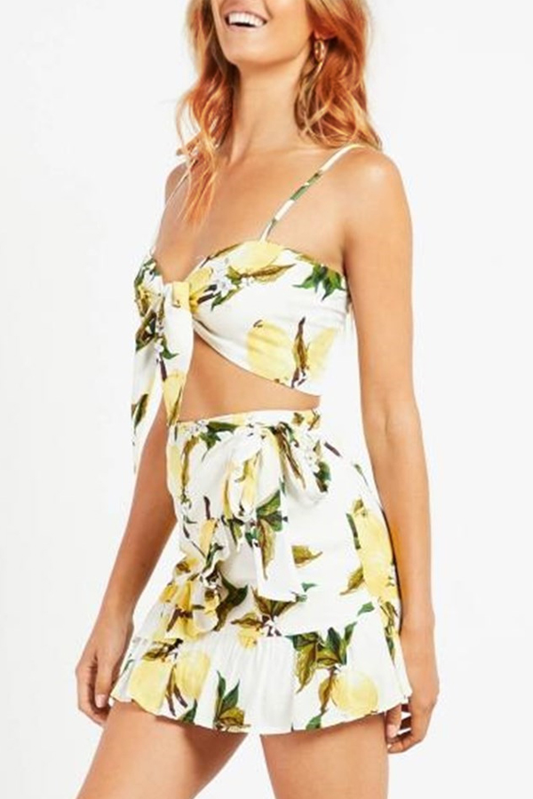 

Lovely Trendy Print Yellow Two-piece Skirt Set