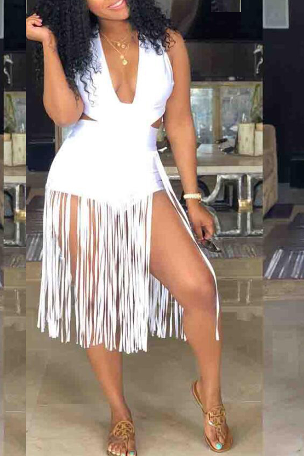 

Lovely Tassel Design White Two-piece Swimsuit