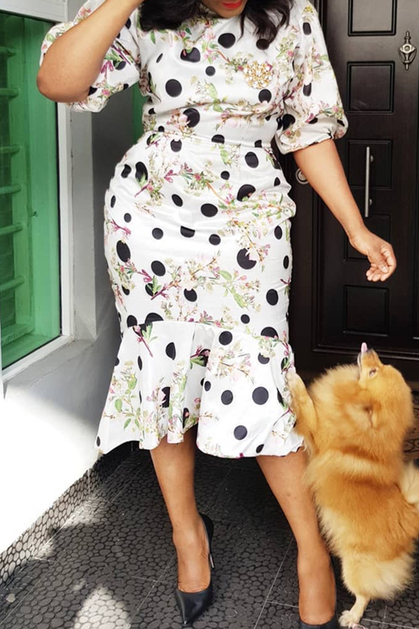 

Lovely Trendy O Neck Print White Knee Length Dress