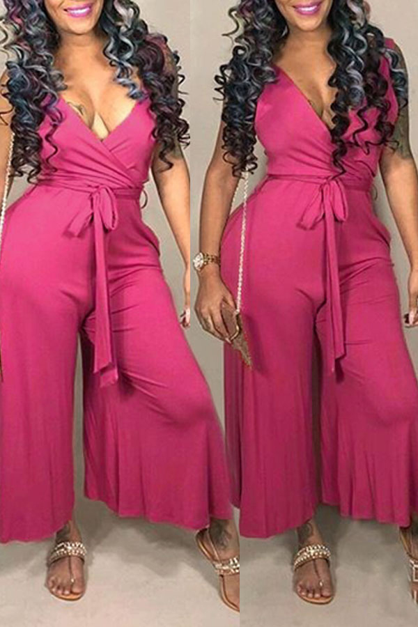 

Lovely Casual Lace-up Rose Red One-piece Jumpsuit