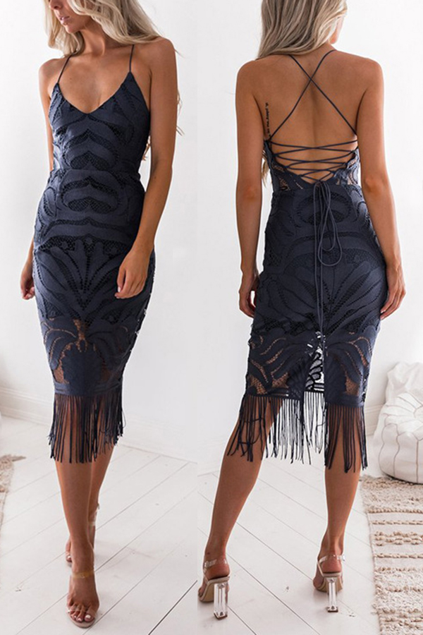

Lovely Chic Tassel Design Dark Blue Mid Calf Dress