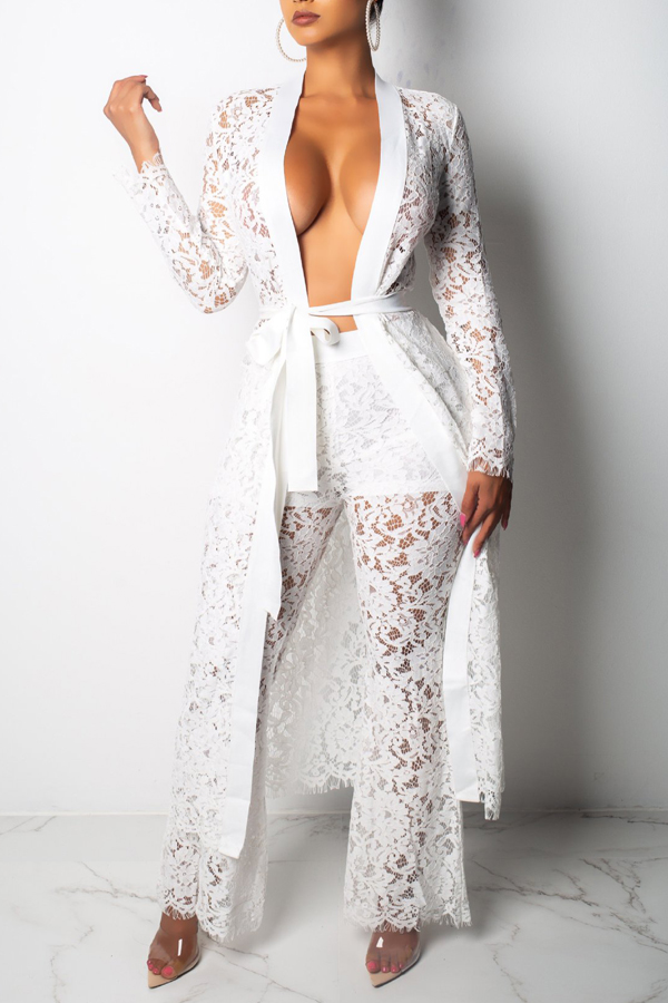 

Lovely Trendy Lace White Two-piece Pants Set