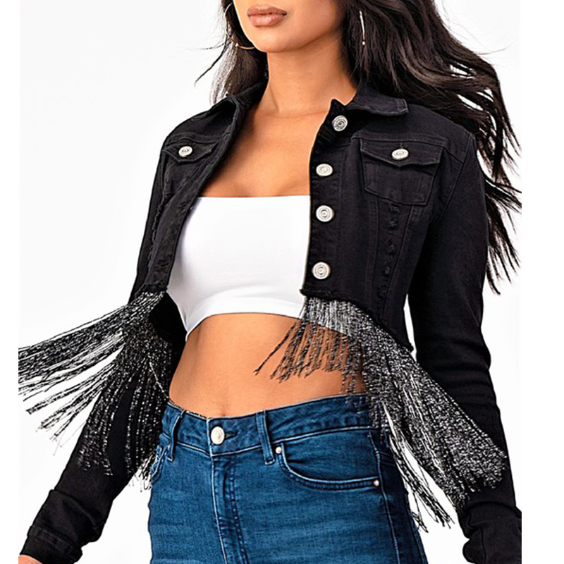 

Lovely Trendy Turndown Collar Tassel Design Blue Jacket, Black