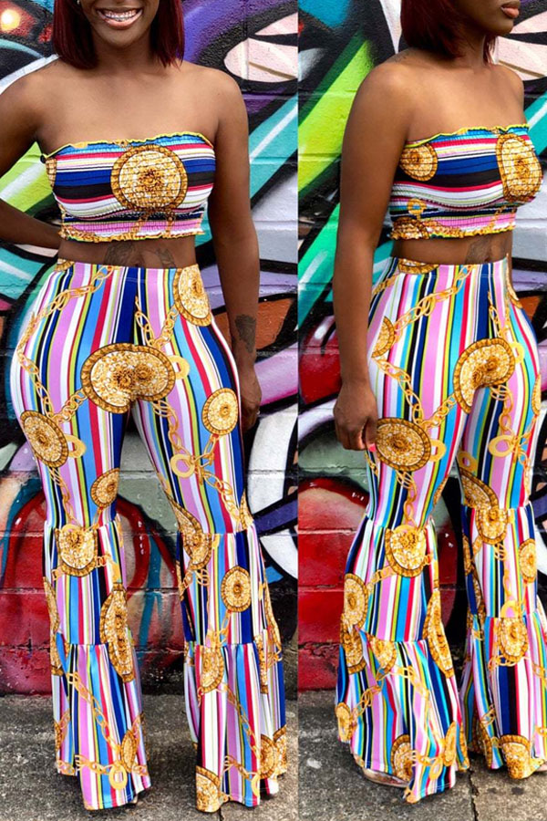 

Lovely Casual Dew Shoulder Striped Multicolor Two-piece Pants Set, Multi
