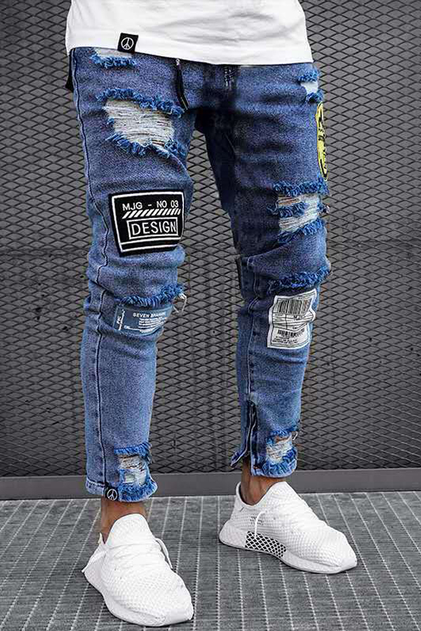

Lovely Casual Patchwork Blue Pants