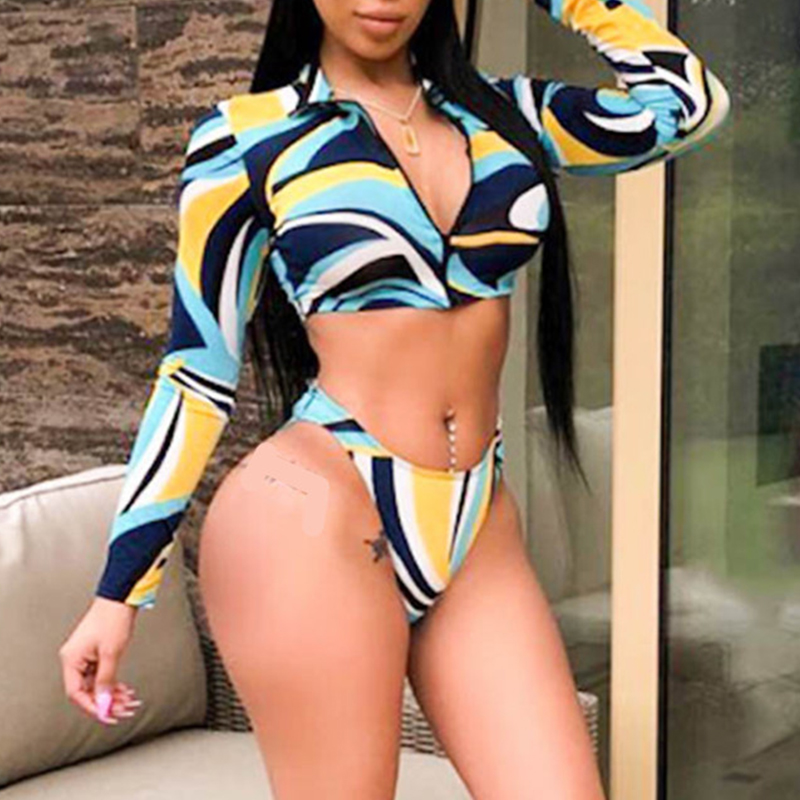 

Lovely Zipper Print Yellow Two-piece Swimsuit