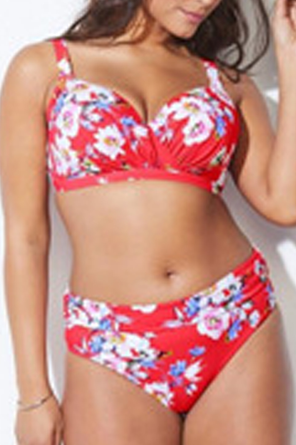 

Lovely Print Red Plus Size Two-piece Swimsuit