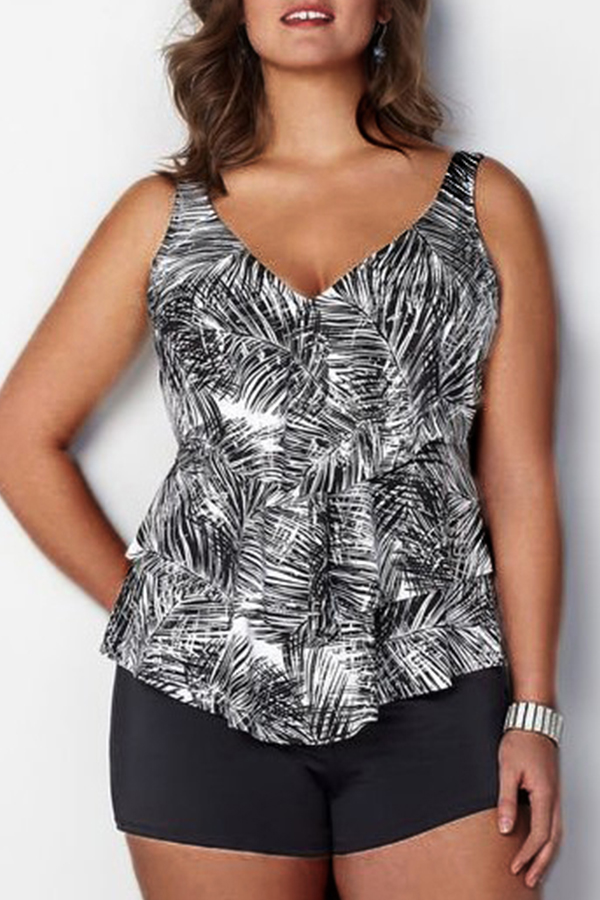 

Lovely Print Black Plus Size Two-piece Swimsuit