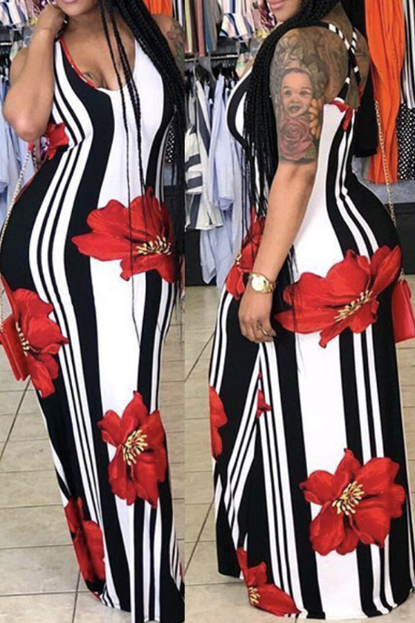 

LW BASICS Leisure Striped Print Red Maxi Dress