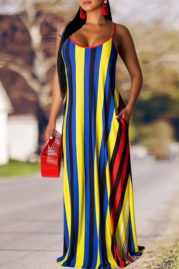 

Lovely Casual Striped Print Yellow Maxi Dress, Yellow stripes