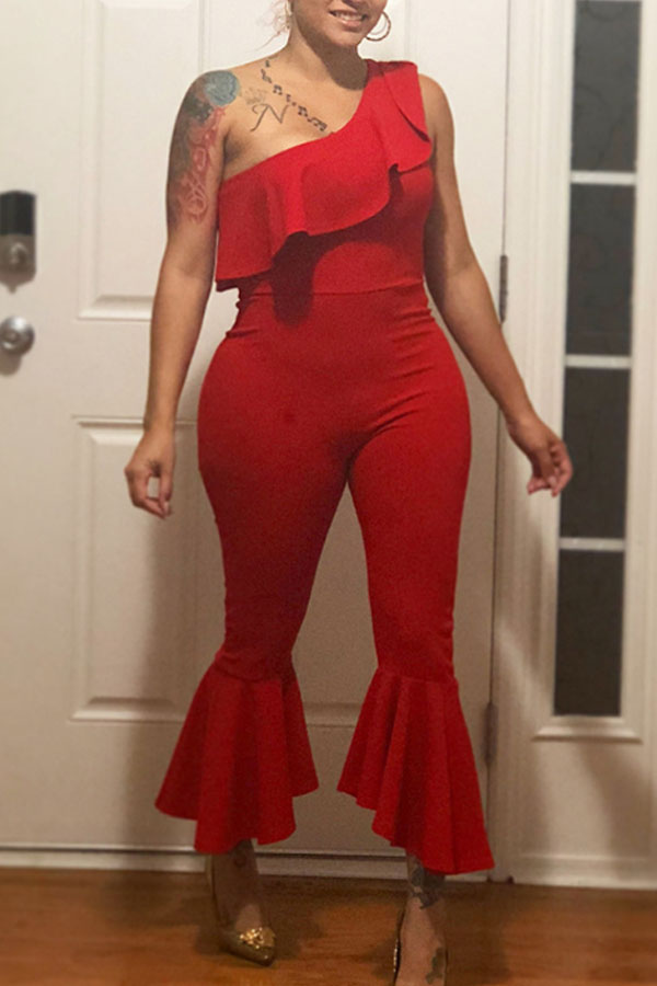 

Lovely Trendy One Shoulder Patchwork Red One-piece Jumpsuit
