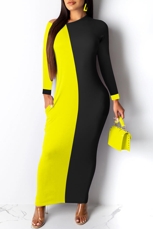

Lovely Chic Color-lump Patchwork Yellow Ankle Length Dress