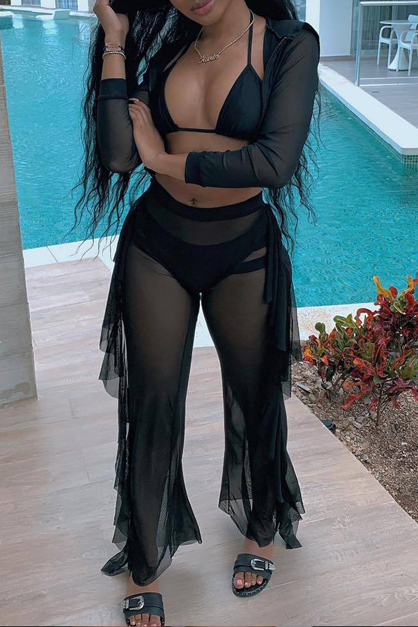 

Lovely Sexy V Neck See-through Black Two-piece Pants Set(Without Lining