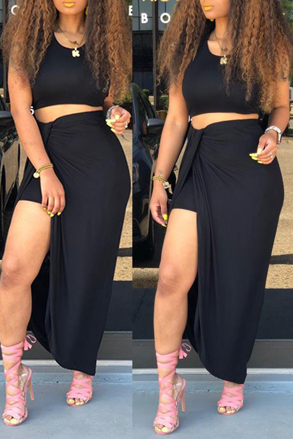 

Lovely Casual Basic Black Two-piece Skirt Set