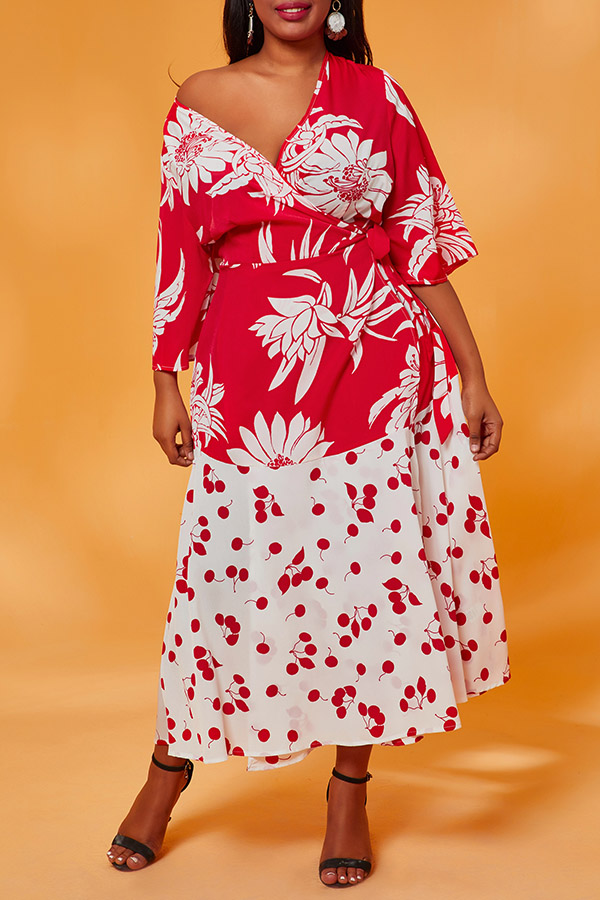 

Lovely Casual Print Red Mid Calf Plus Size Dress