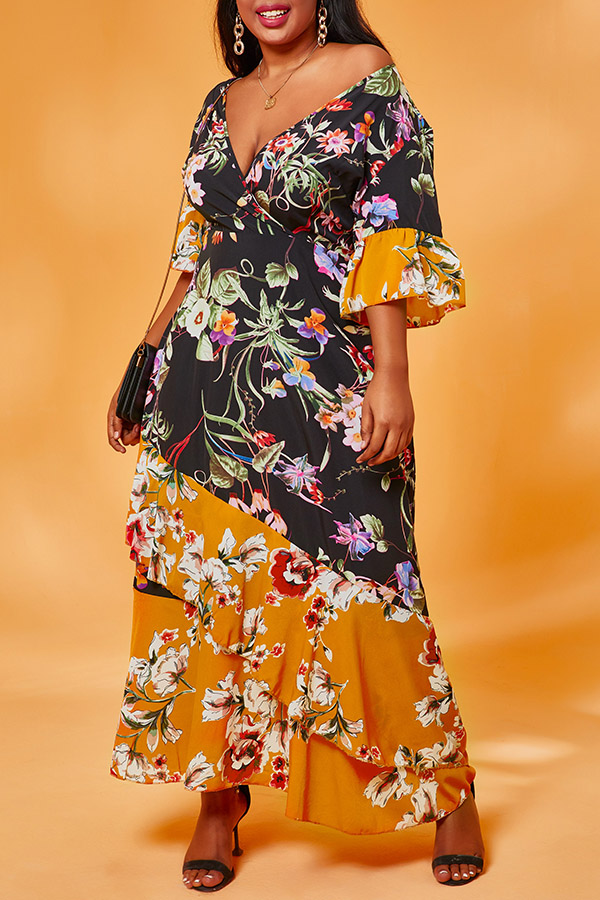 

Lovely Casual Patchwork Print Black Ankle Length Plus Size Dress