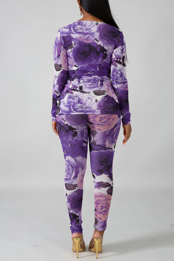 

Lovely Bohemian Print Basic Purple Two-piece Pants Set