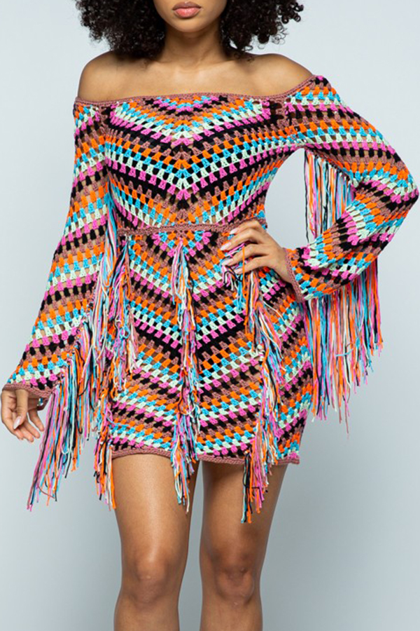 

Lovely Bohemian Striped Multicolor Mini Beach Dress, Multi