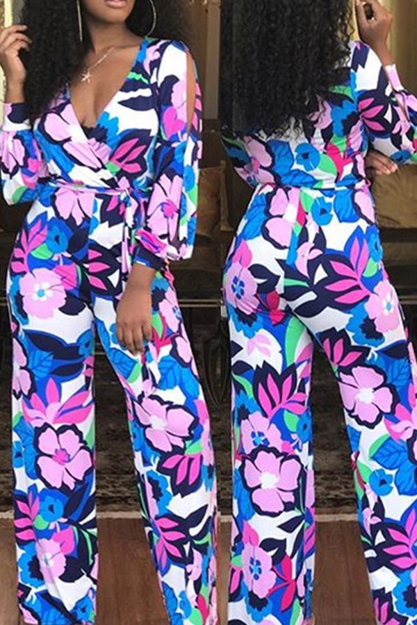 

Lovely Leisure V Neck Print Blue One-piece Jumpsuit