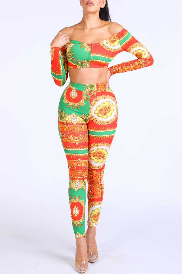 

Lovely Bohemian Crop Top Orange Two-piece Pants Set