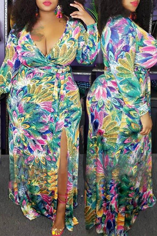 

Lovely Casual V Neck Print Multicolor Maxi Plus Size Dress, Multi
