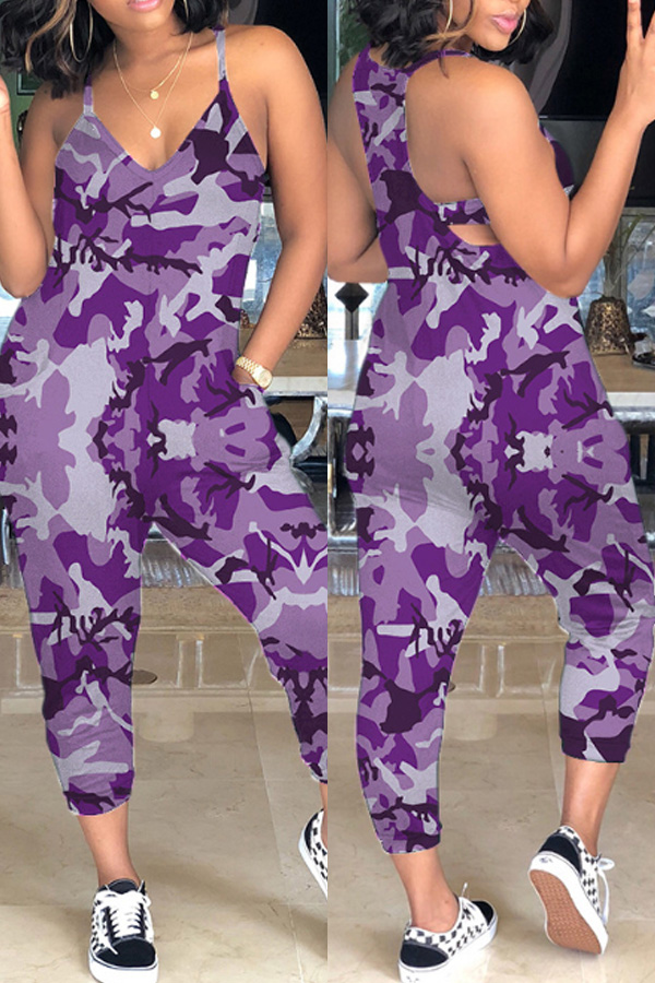 

Lovely Casual Camo Print Purple One-piece Jumpsuit, Purple camouflage