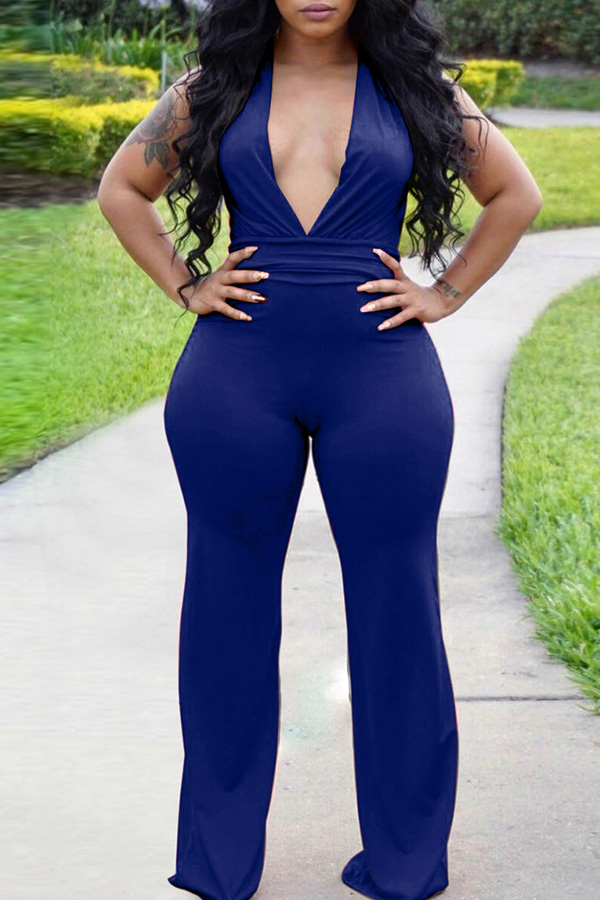 

Lovely Chic Deep V Neck Blue One-piece Jumpsuit