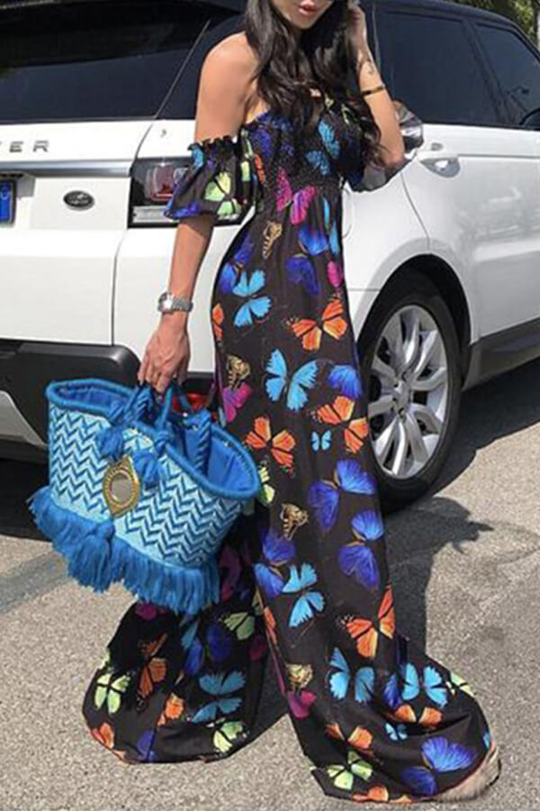 

Lovely Chic Print Loose Black One-piece Jumpsuit