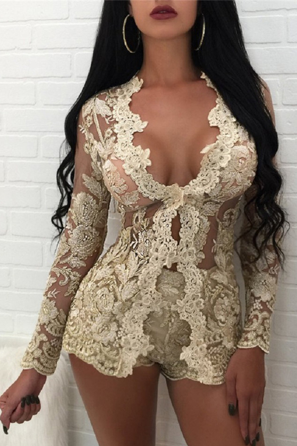 

Lovely Sexy V Neck Lace Gold Two-piece Shorts Set