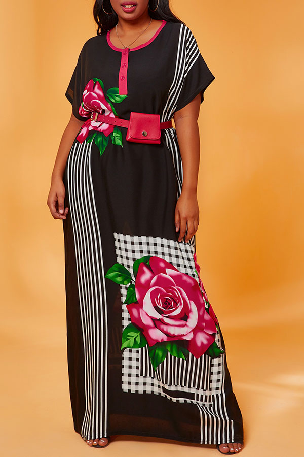 

Lovely Casual Print Black Maxi Plus Size Dress