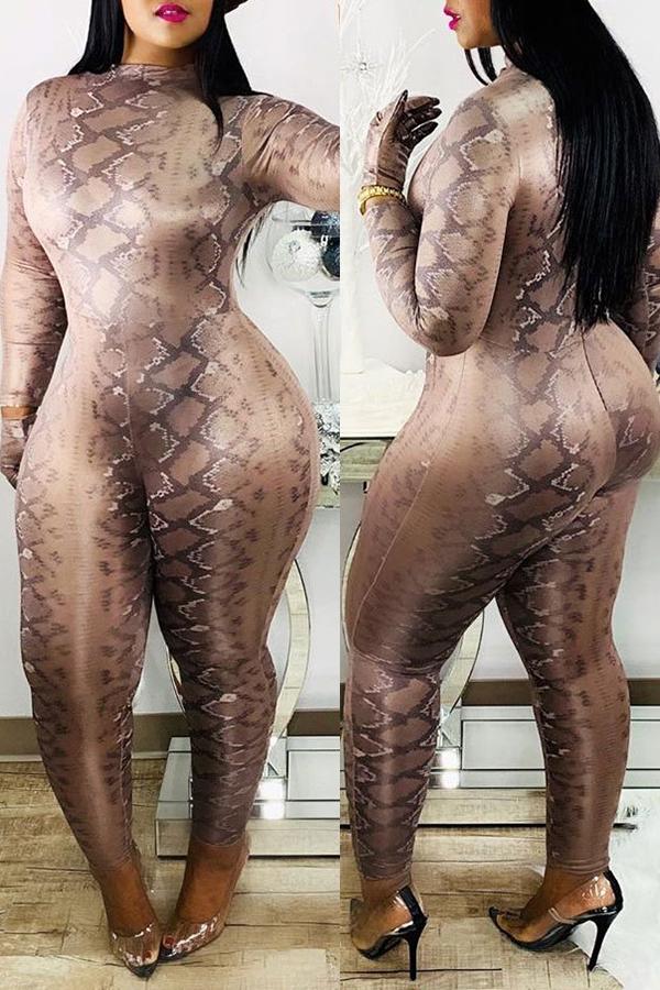 

Lovely Sexy Print Skinny Brown One-piece Jumpsuit