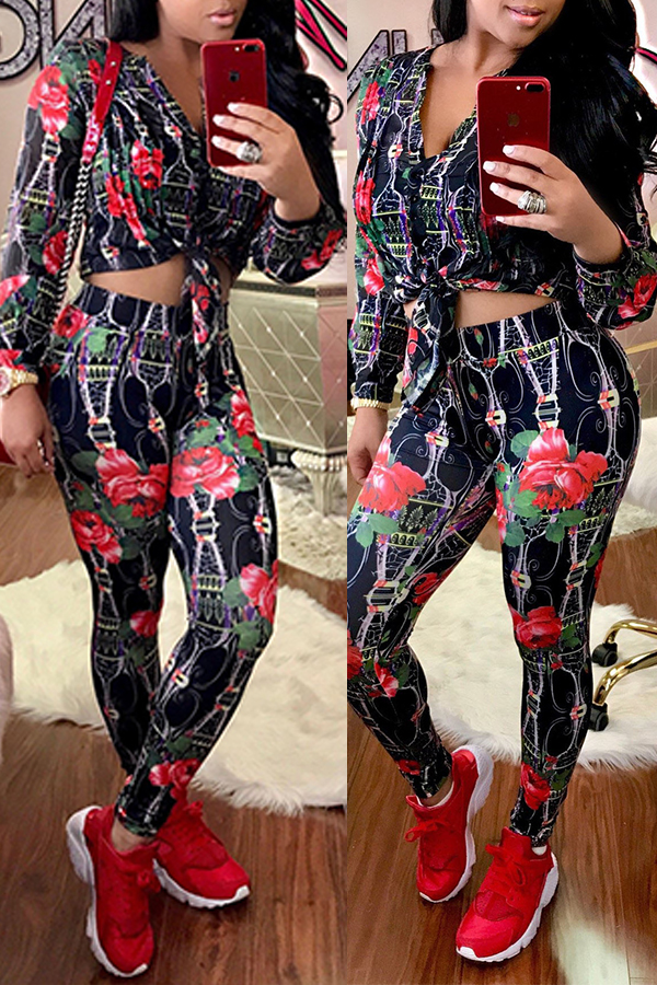 

Lovely Casual Print Black Two-piece Pants Set