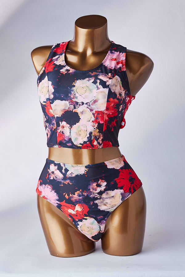 

Lovely Lace-up Print Dark Blue Two-piece Swimsuit