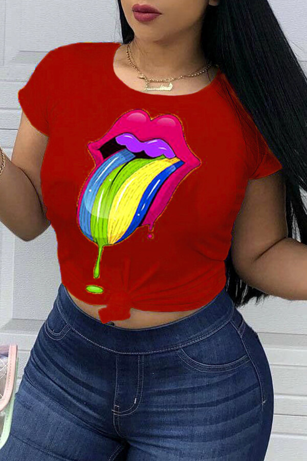 LW Leisure Lip Print Purplish Red T-shirt