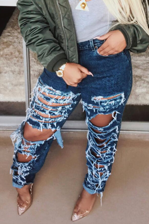

Lovely Trendy Hollow-out Deep Blue Jeans