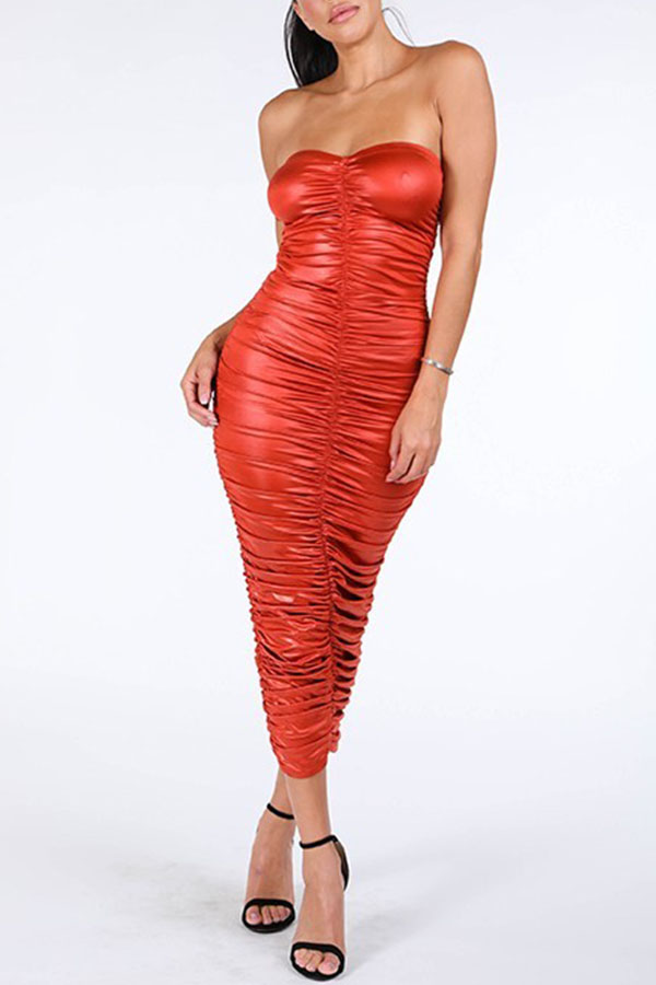 

Lovely Chic Dew Shoulder Fold Design Deep Orange Ankle Length Dress