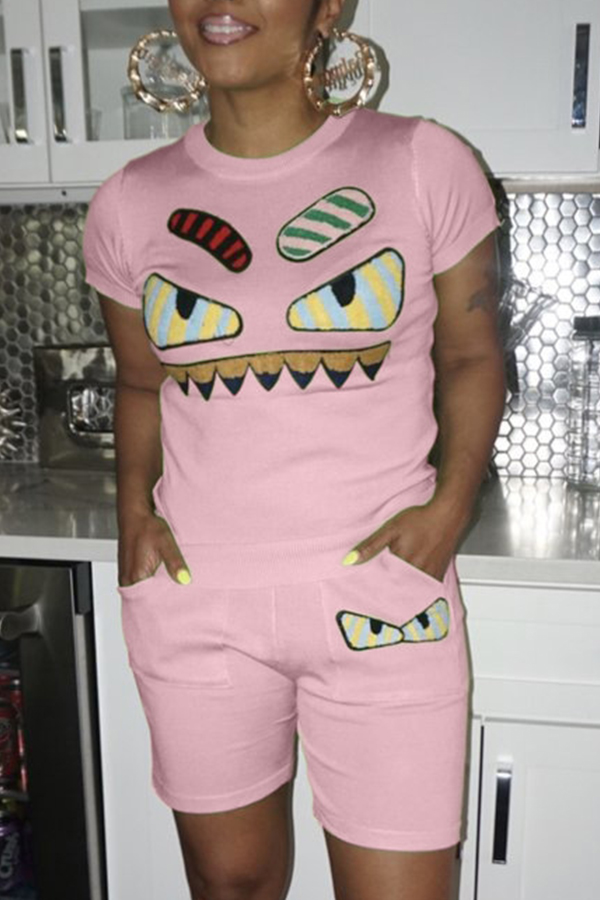 

Lovely Chic Eye Print Pink Two-piece Shorts Set